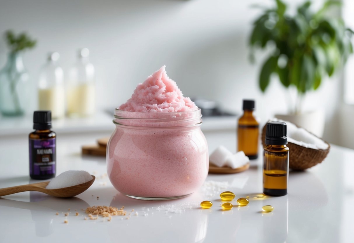 A glass jar filled with pink whipped sugar scrub sits on a clean white countertop, surrounded by scattered ingredients like coconut oil and essential oils