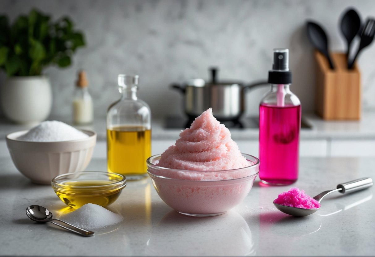 A countertop with various ingredients and utensils for making pink whipped sugar scrub, including sugar, oil, and pink dye