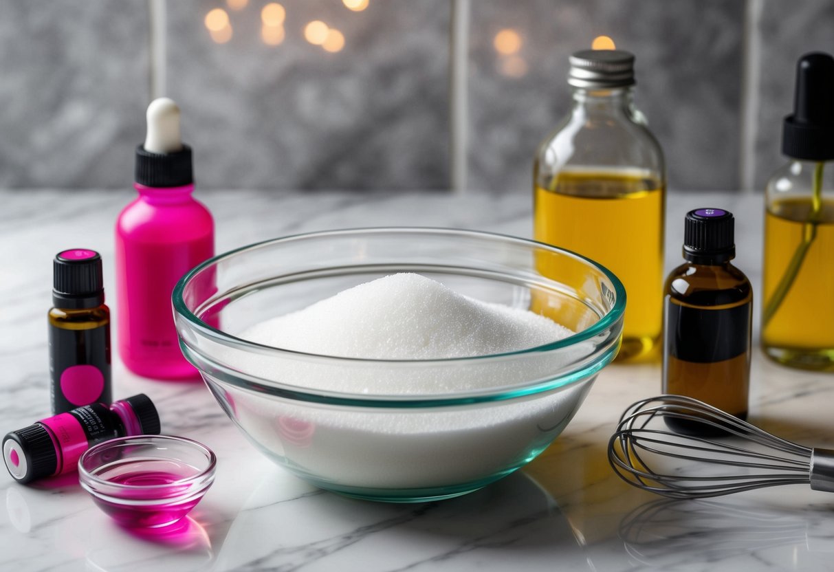 A glass bowl filled with sugar, surrounded by bottles of pink dye, oils, and a whisk, on a marble countertop