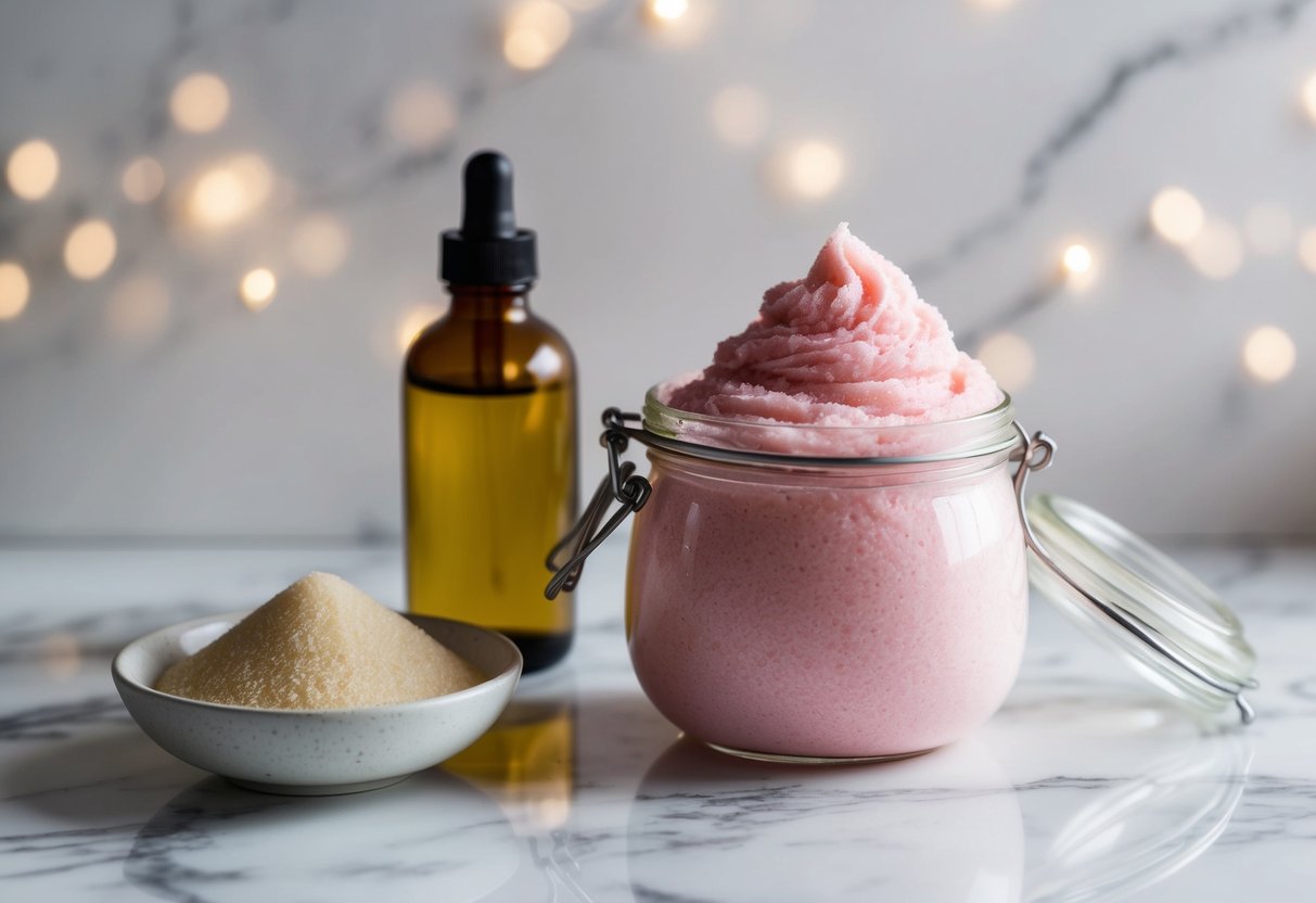 A glass jar filled with pink whipped sugar scrub sits next to a bowl of sugar and a bottle of oil on a marble countertop