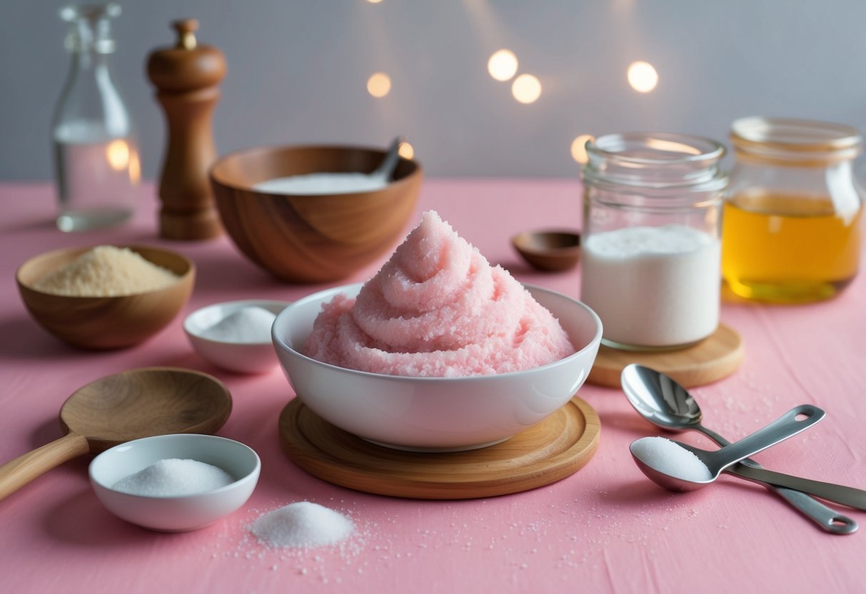 A table with ingredients and utensils for making pink whipped sugar scrub