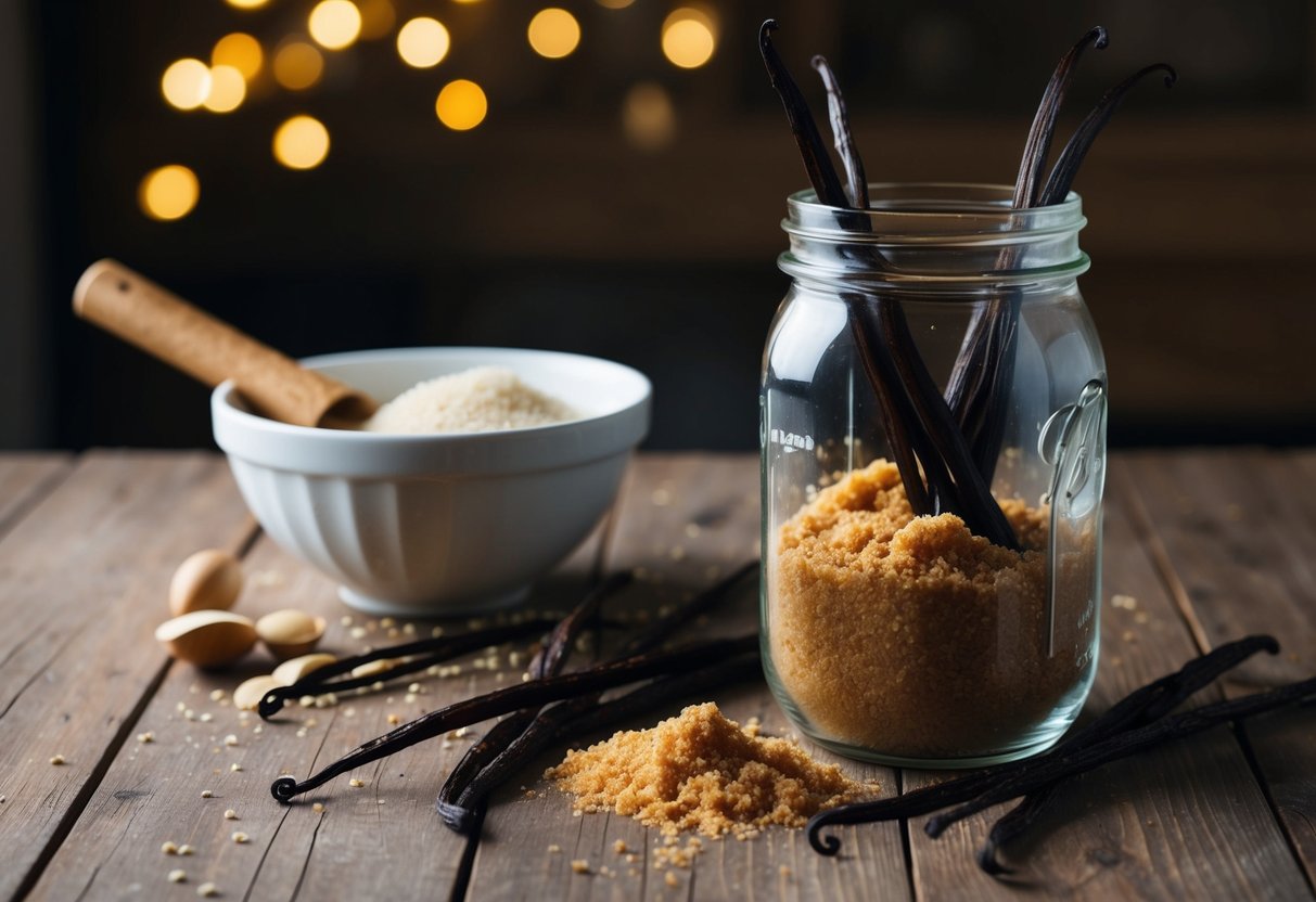 A glass jar filled with vanilla beans and brown sugar, surrounded by scattered ingredients and a mixing bowl on a wooden table