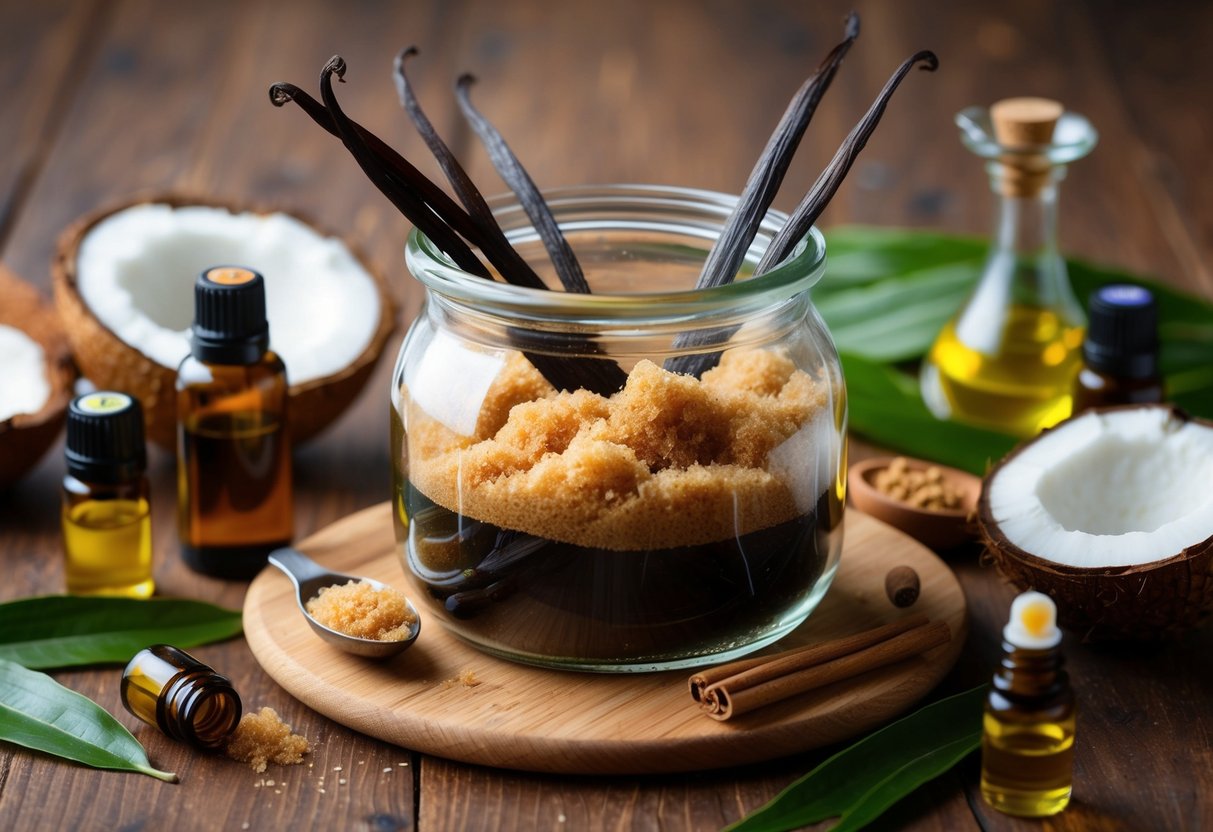 A glass jar filled with vanilla beans and brown sugar sits on a wooden table surrounded by natural ingredients like coconut oil and essential oils