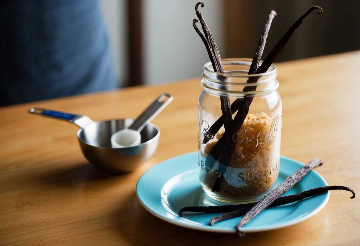 A table with a glass jar filled with vanilla beans, brown sugar, and coconut oil. A small dish holds a mixing spoon and measuring cups