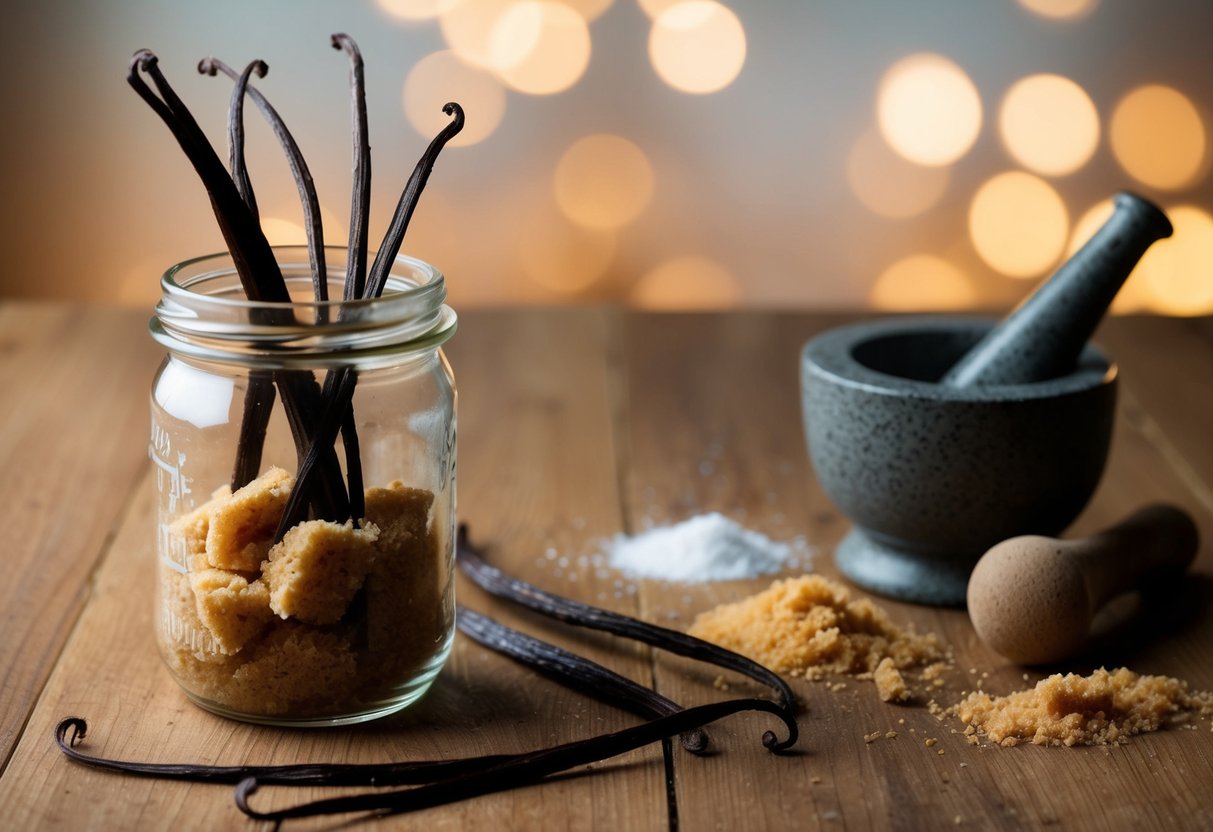 A glass jar filled with vanilla pods and brown sugar, surrounded by scattered ingredients and a mortar and pestle on a wooden table