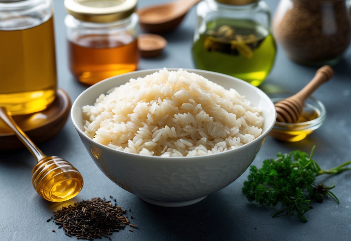 A bowl of rice with a soft, translucent texture, surrounded by glass-like bottles and jars filled with natural ingredients like honey and green tea