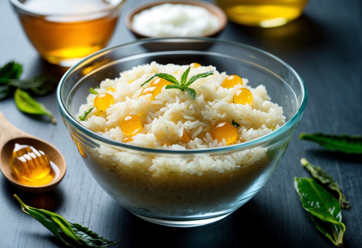 A clear glass bowl filled with rice, surrounded by natural ingredients like honey, yogurt, and green tea leaves