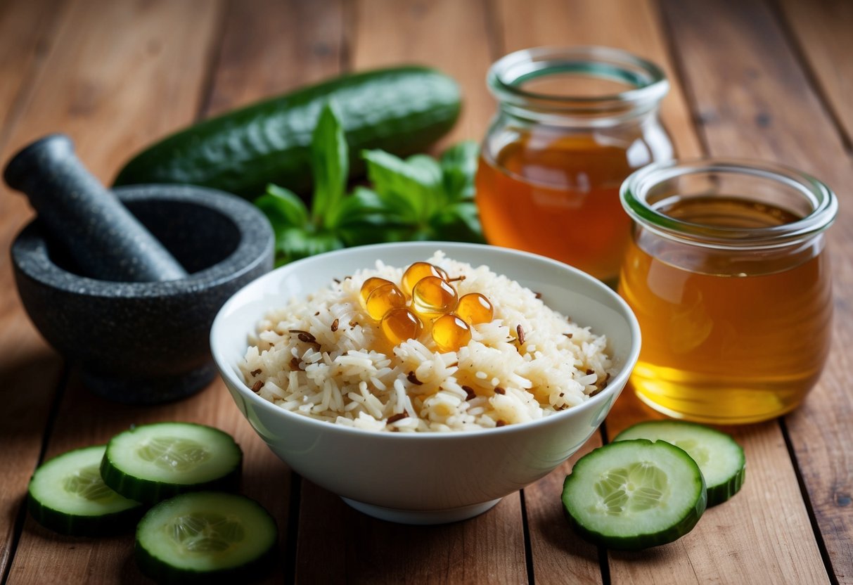 A bowl of rice and a jar of honey sit on a wooden table, surrounded by fresh cucumber slices and a small mortar and pestle