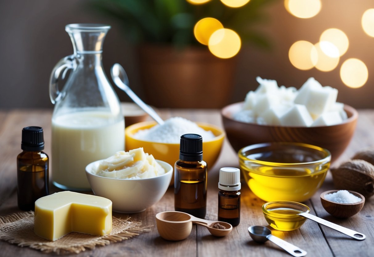 A table filled with various natural ingredients like shea butter, coconut oil, and essential oils, along with measuring spoons and mixing bowls