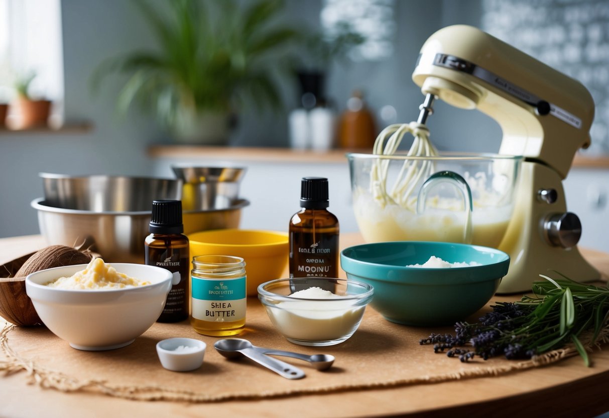 A table filled with organic ingredients like shea butter, coconut oil, and essential oils. Mixing bowls, measuring spoons, and a hand mixer sit ready for use